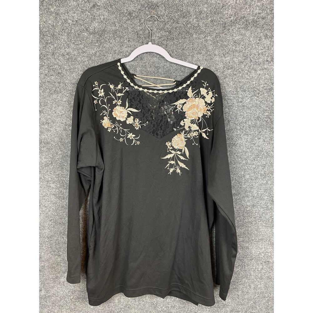 Vintage Lacy After‎ Noon Top 2X Black Lace Embroidered Flowers Gold Pull-over